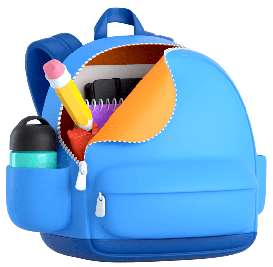 A backpack filled with a pencil and a note book